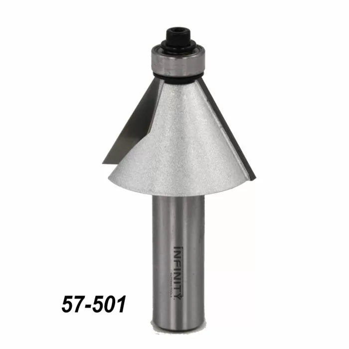 Chamfer router bit with metal blade and 57-501 label on a white background