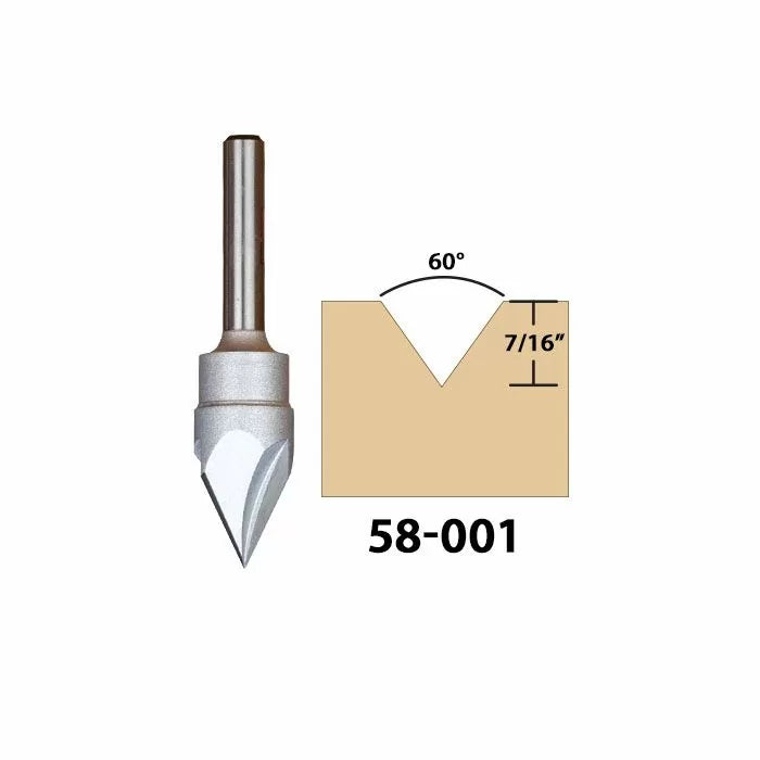 60 degree V-groove router bit with cutting profile and 7/16 inch depth, model 58-001