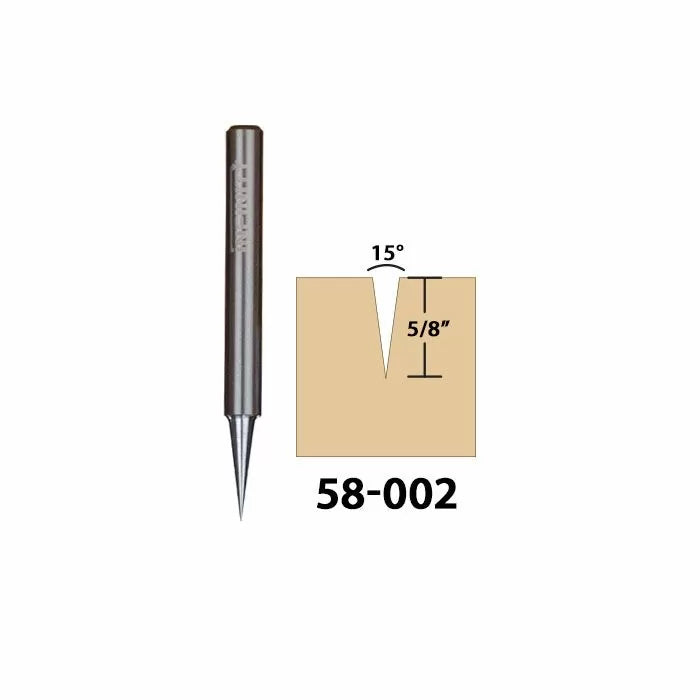 15 degree dovetail router bit with 5/8 inch cut depth, labeled 58-002, for woodworking