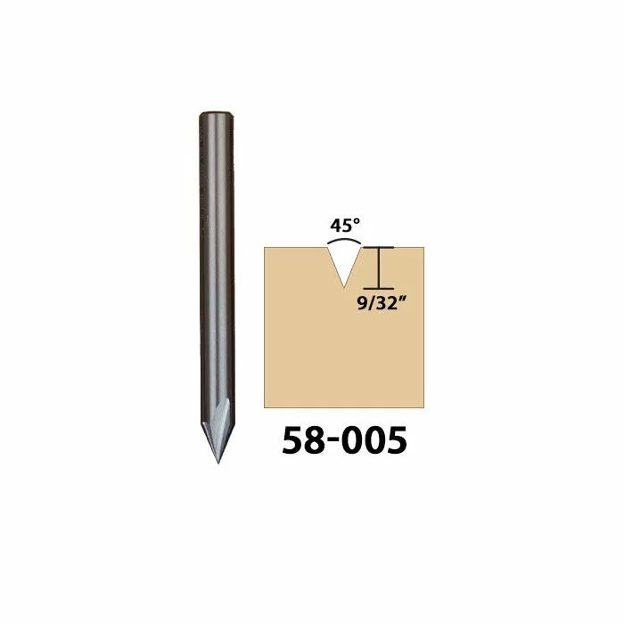 45 degree V-groove router bit with 9/32 inch cut depth for woodworking, model 58-005