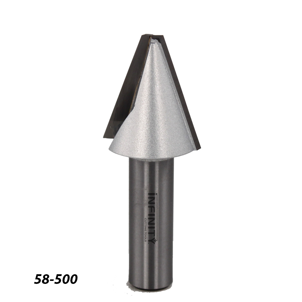 Carbide-tipped chamfer router bit for woodworking, labeled 58-500, on white background.