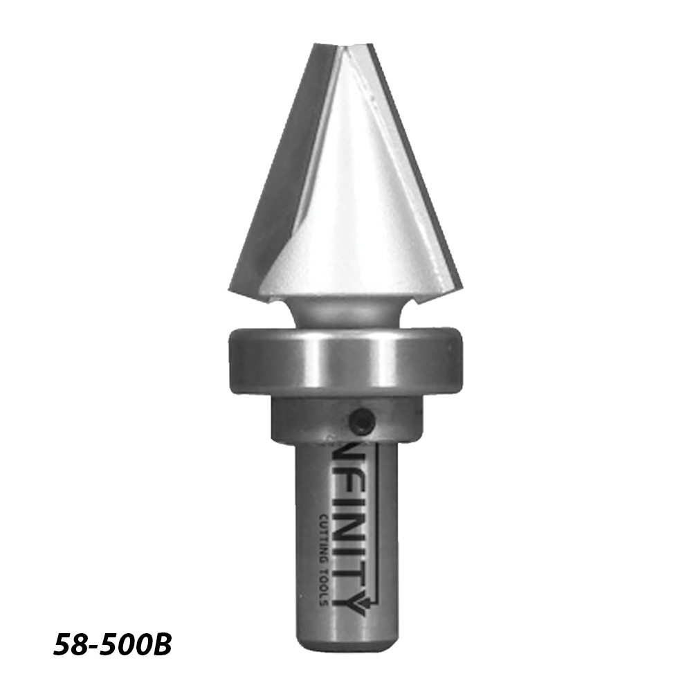 Metal cone-shaped woodworking router bit with cylindrical shank, labeled 58-500B.