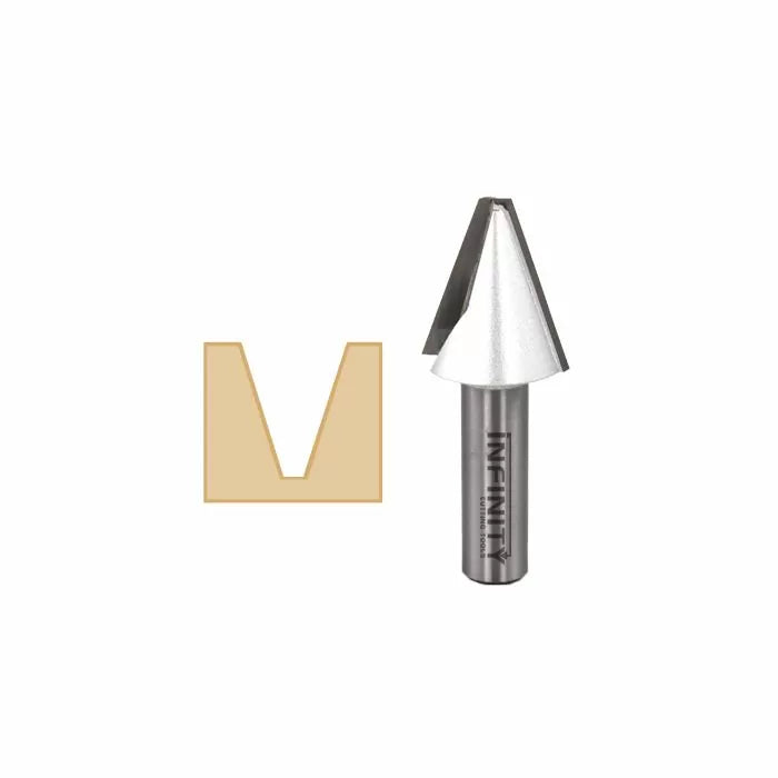 V-groove router bit with diagram showing V-shaped wood cut profile