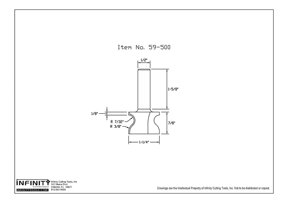Router bit technical diagram with measurements, labeled as Item No. 59-500, woodworking tool