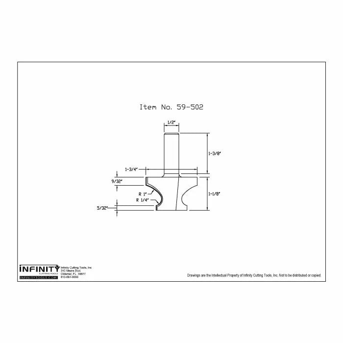 Router bit technical diagram with measurements, item number 59-502, woodworking tool