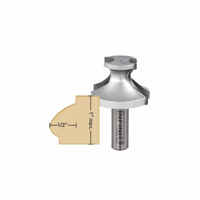Large silver ogee router bit with cutting profile diagram for woodworking, 1 inch depth, 1/2 inch radius