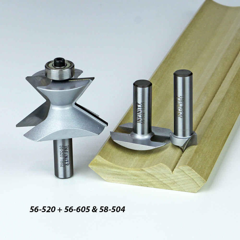 Steel woodworking router bits and moulding sample for precise decorative edge cutting