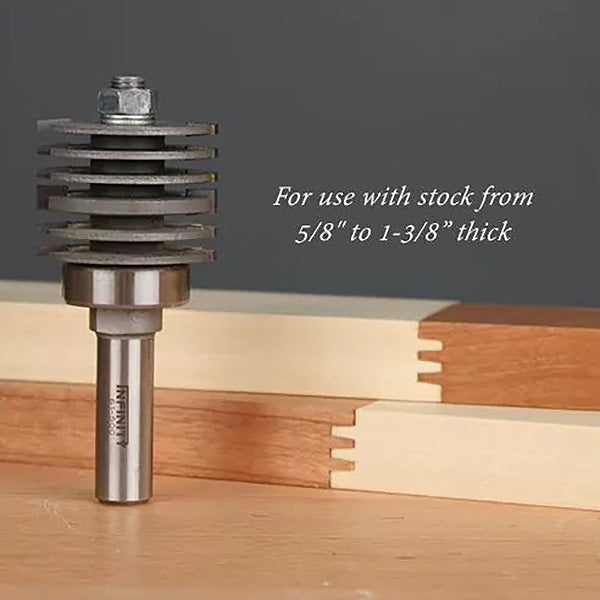 Stacked dado router bit with interlocking joint wood samples, ideal for joinery on thick stock.