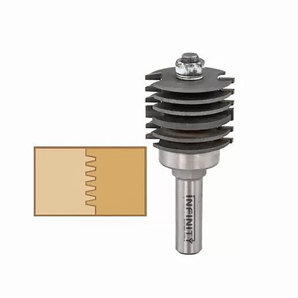 Joinery router bit with stacked blades for finger joints, woodworking tool on white background