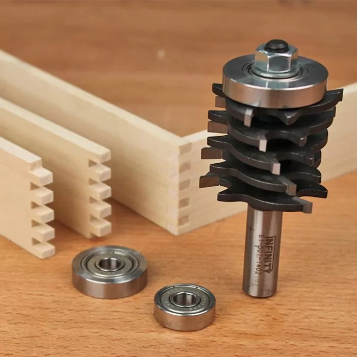 Dovetail router bit with bearings for woodworking joinery on a wooden surface