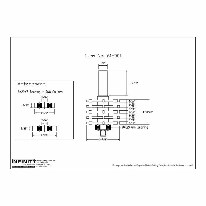 Router bit schematic with labeled measurements, 8x22x7 bearing and rub collars diagram