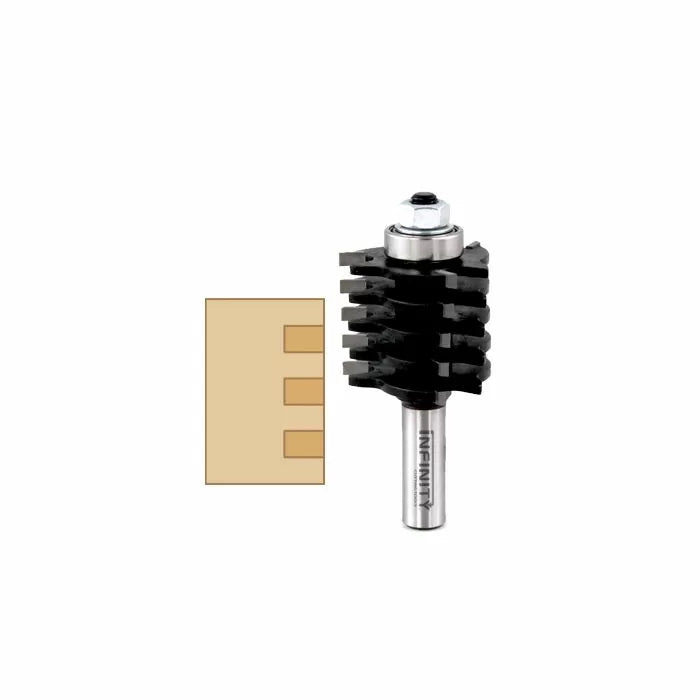 Dado blade router bit for woodworking joinery with cut sample on white background.