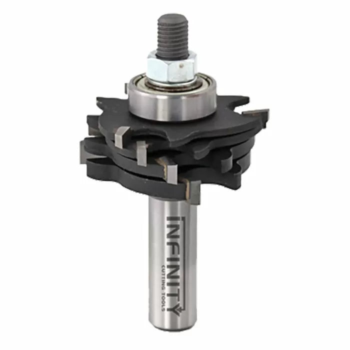 Stacked router bit set with carbide blades and ball bearing for woodworking.