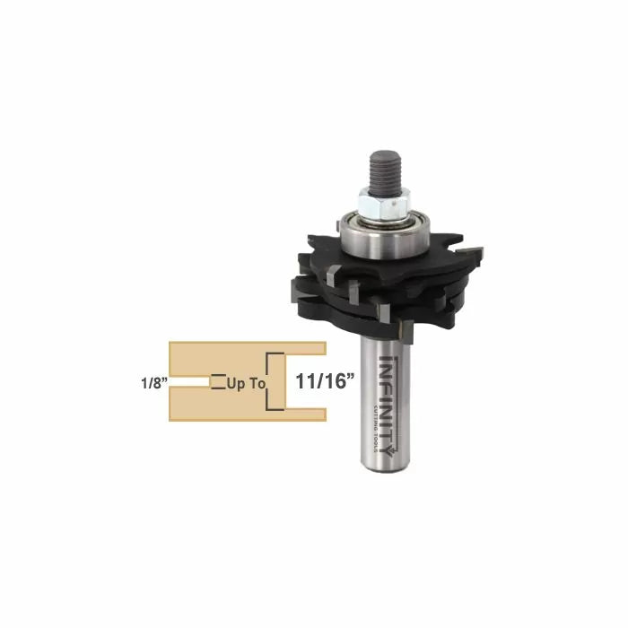 Stacked dado router bit with carbide blades and cutting depth diagram for woodworking joints