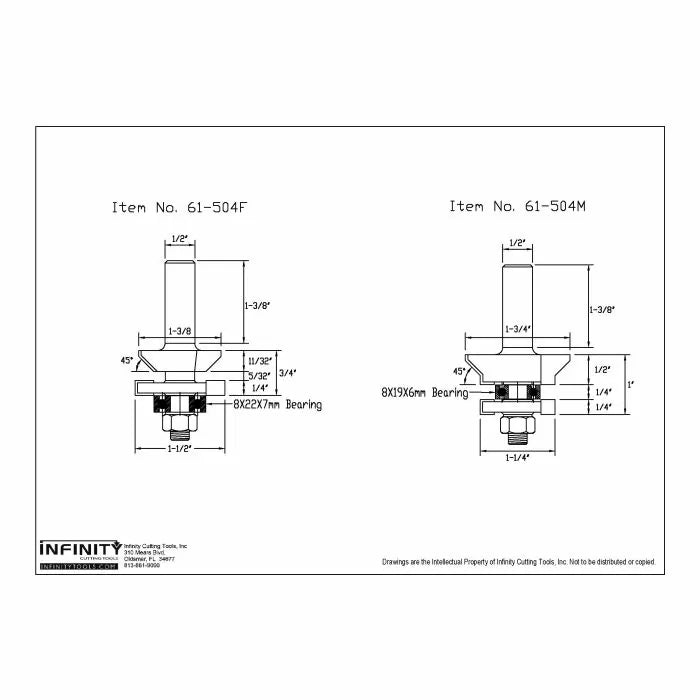 Technical drawing of 61-504F and 61-504M router bits with measurements and bearing sizes