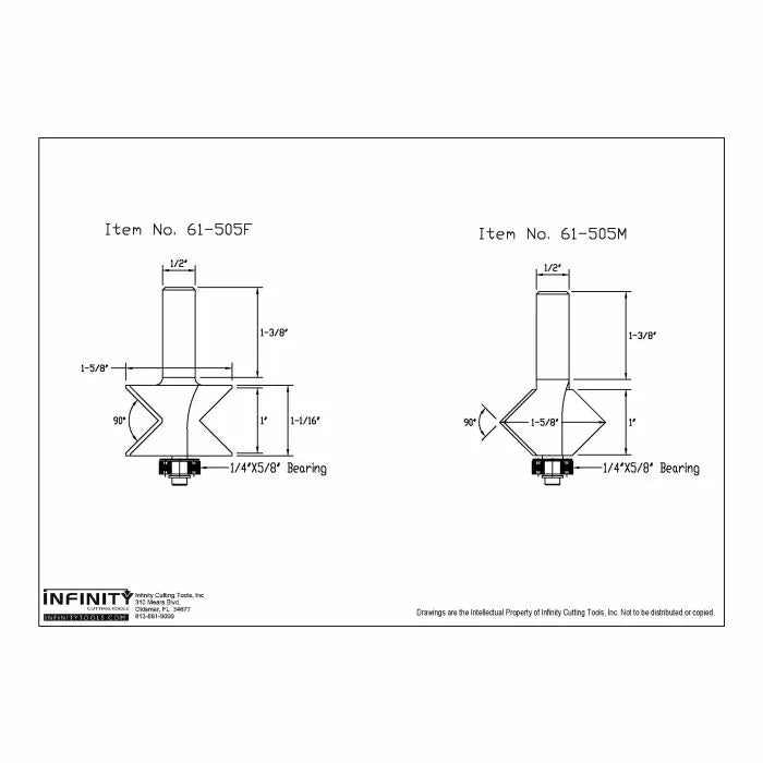 Technical drawing of router bits item 61-505F and 61-505M with dimensions and bearings