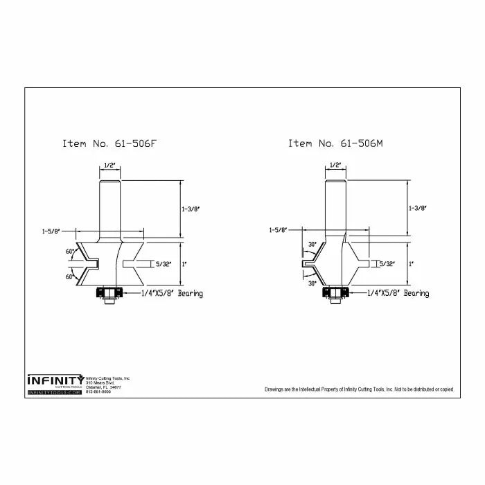 Technical drawings of 61-506F and 61-506M router bits with labeled dimensions and bearings.