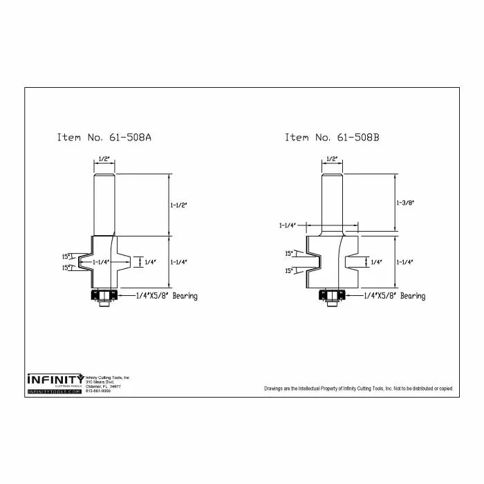 Technical drawing of woodworking router bits with measurements and part numbers 61-508A and 61-508B.