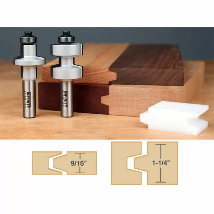 Woodworking router bits with sample joints and cutaway diagrams for drawer lock joinery.