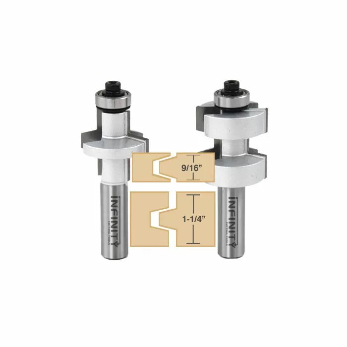 Router bit set with two carbide-tipped bits and wood joint profile sizes for woodworking