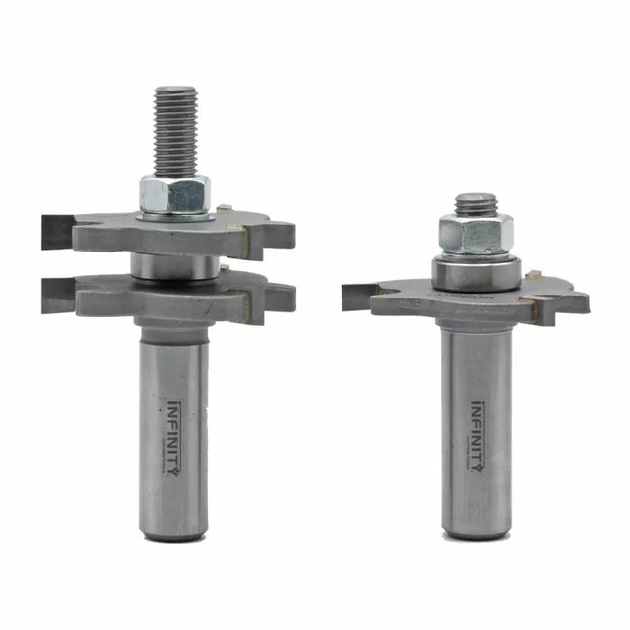 Carbide-tipped router bit set for woodworking, includes stacked slot cutter assemblies