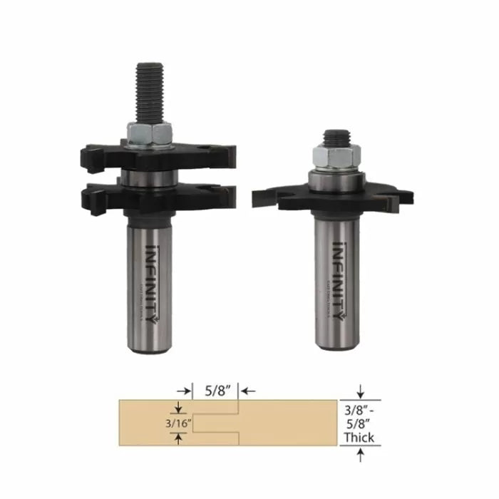 Router bit set with diagram for creating tongue and groove woodworking joints