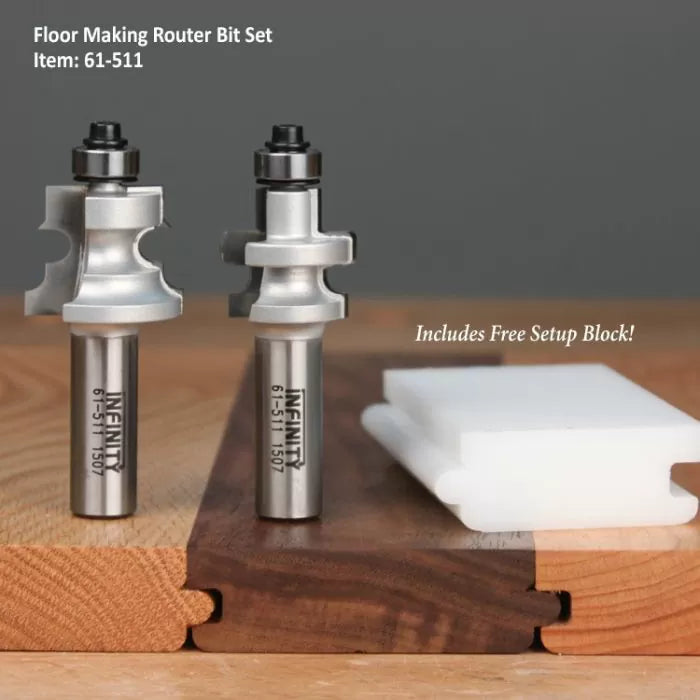 Floor making router bit set with free setup block on wood surface, woodworking tools.