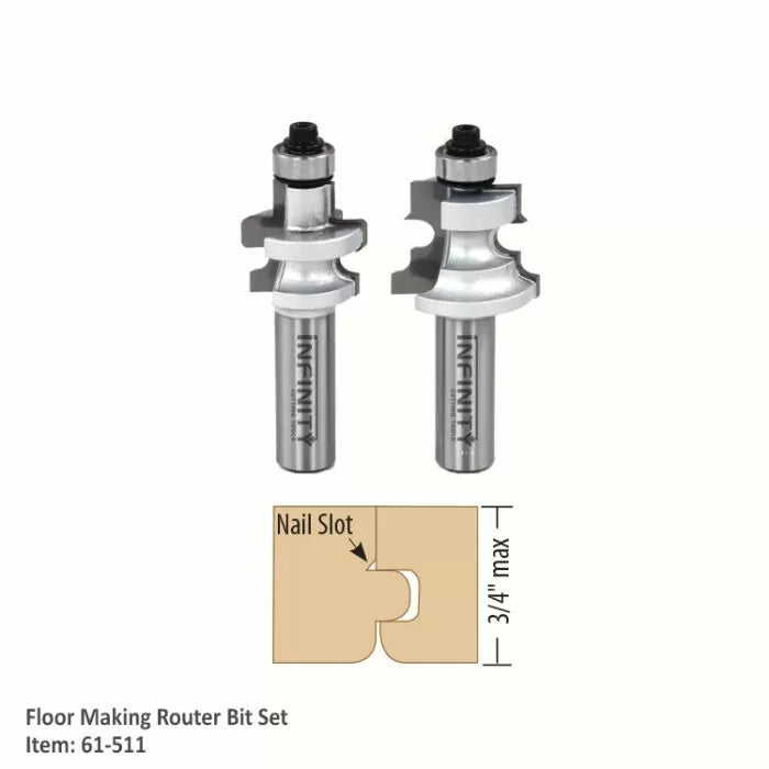 Floor making router bit set with nail slot diagram and two carbide-tipped bits for woodworking