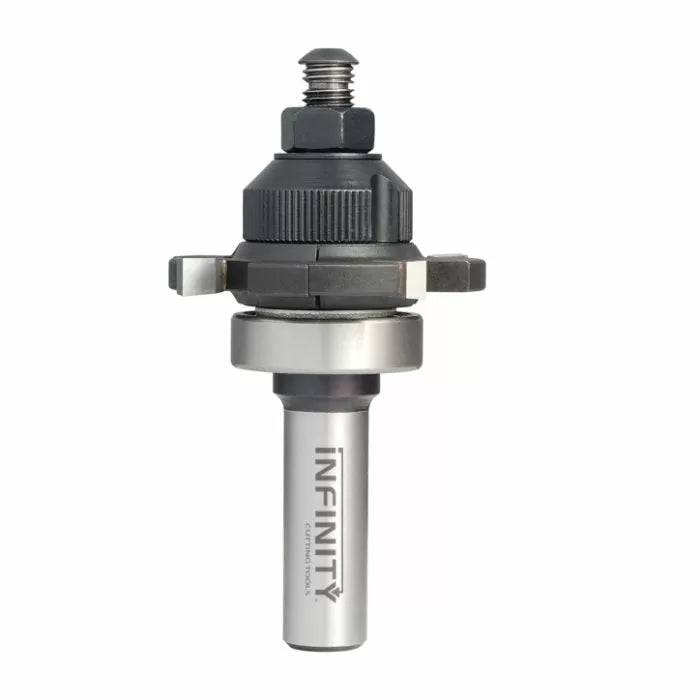 Router bit with adjustable components for woodworking, labeled INFINITY, on white background.