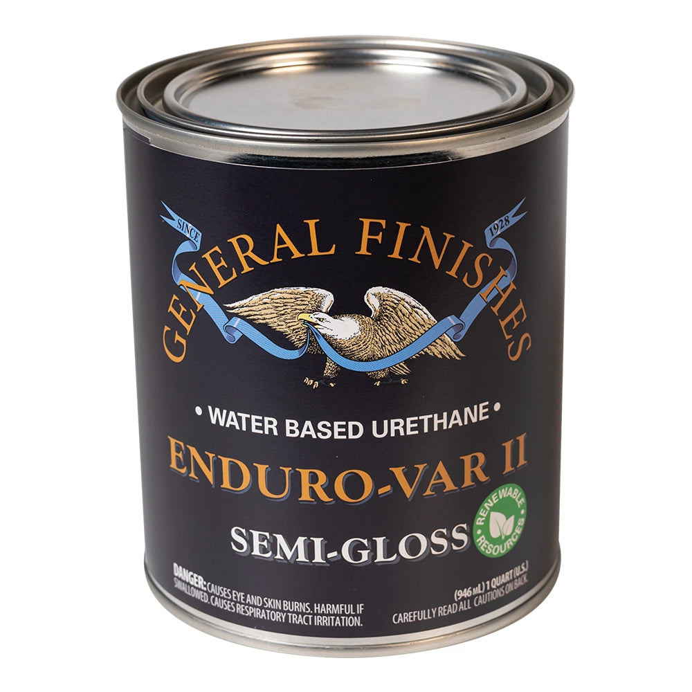 Can of General Finishes Enduro-VAR II semi-gloss water-based urethane on a white background