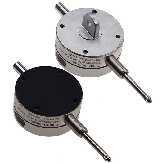 Pair of digital dial indicators with metal casings and measuring probes for woodworking precision