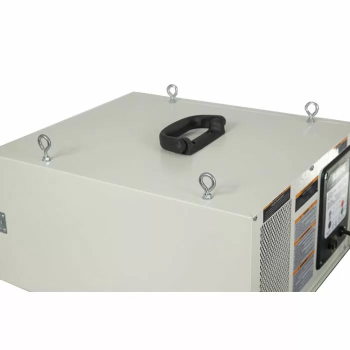 Workshop air filtration system with handle, eye bolts, and control panel side view