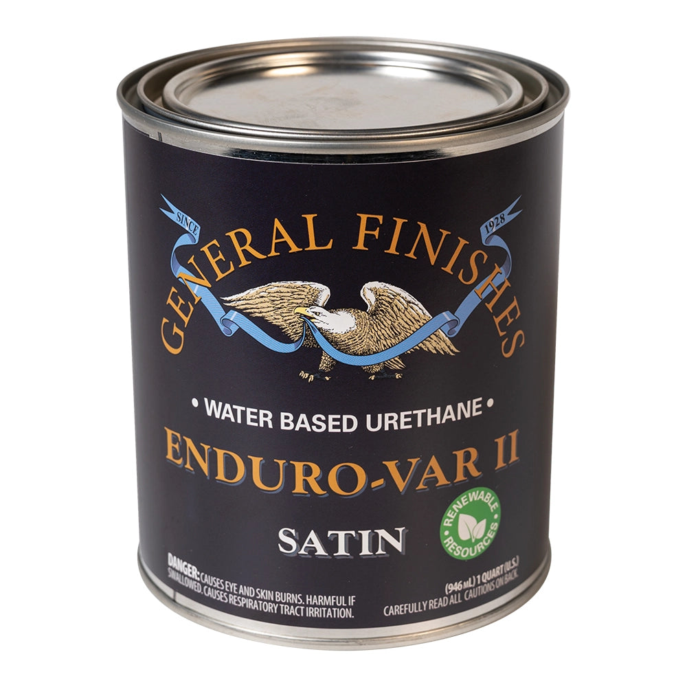 Can of General Finishes Enduro-Var II water-based urethane satin finish on a white background
