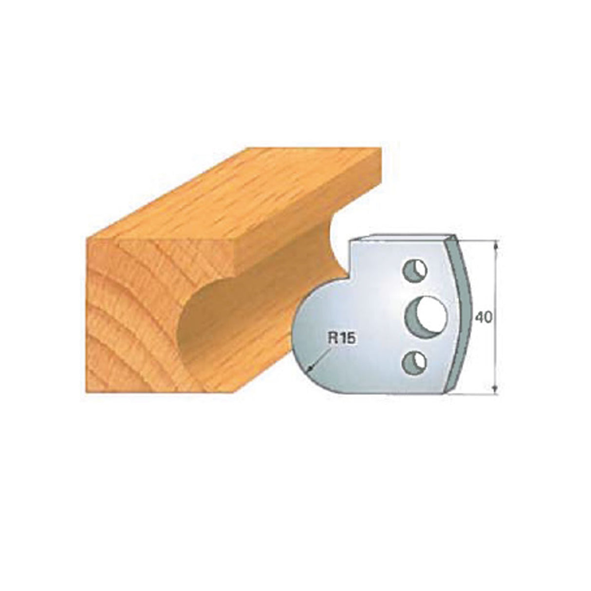 Woodworking molding cutter profile with radius edge and measurement diagram
