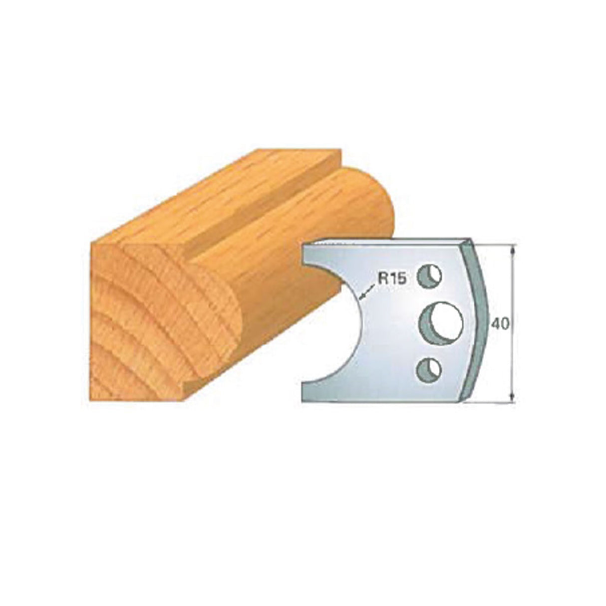 Woodworking cutter blade with radius profile and wooden molding sample