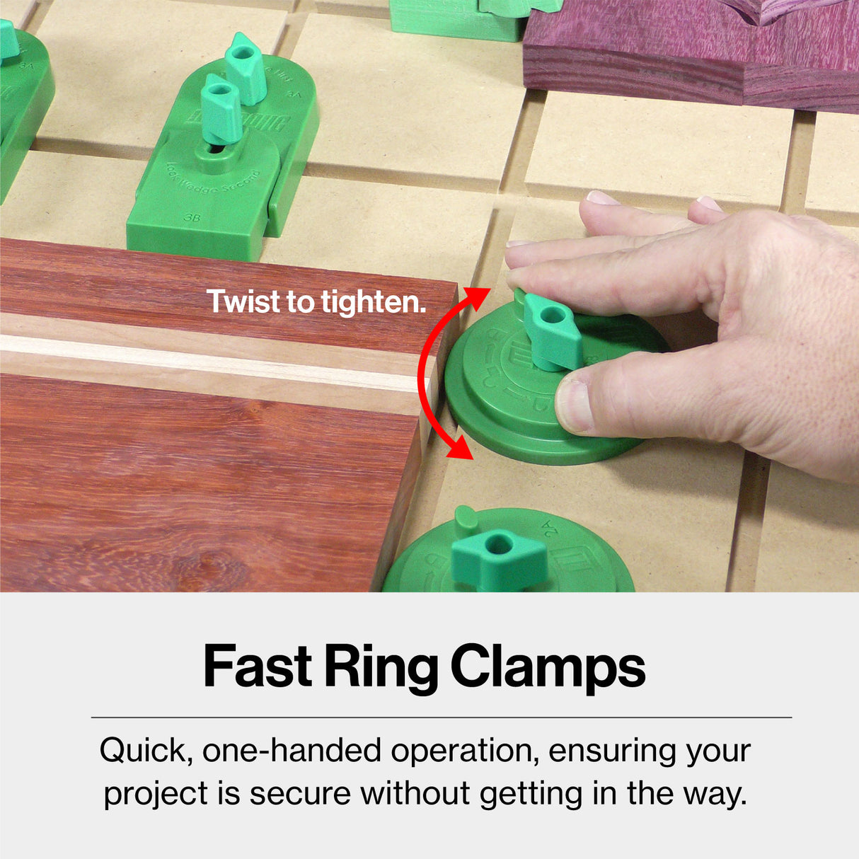 Hand tightening green fast ring clamp to secure woodworking project on CNC table