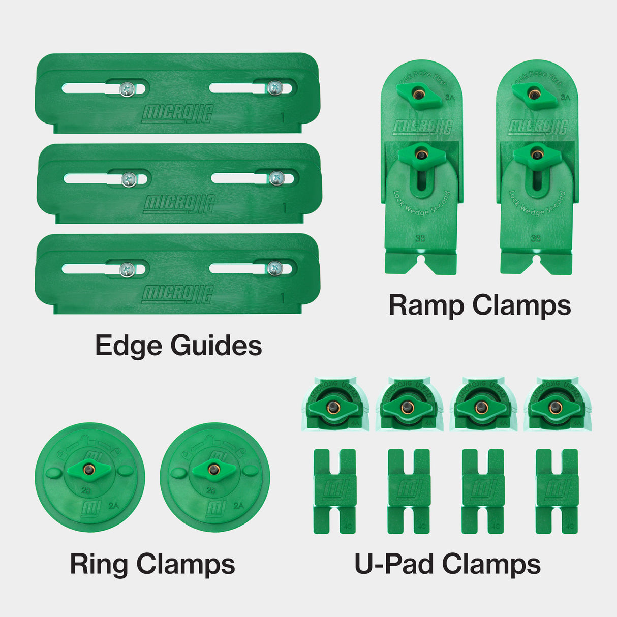 Green woodworking CNC kit with edge guides, ramp clamps, ring clamps, and U-pad clamps