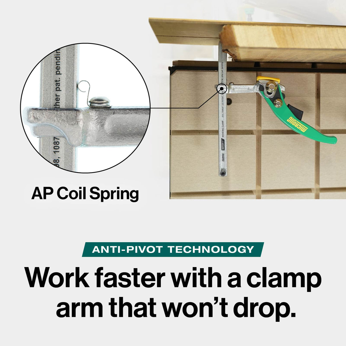 Woodworking clamp with anti-pivot technology and AP coil spring securing a wood panel