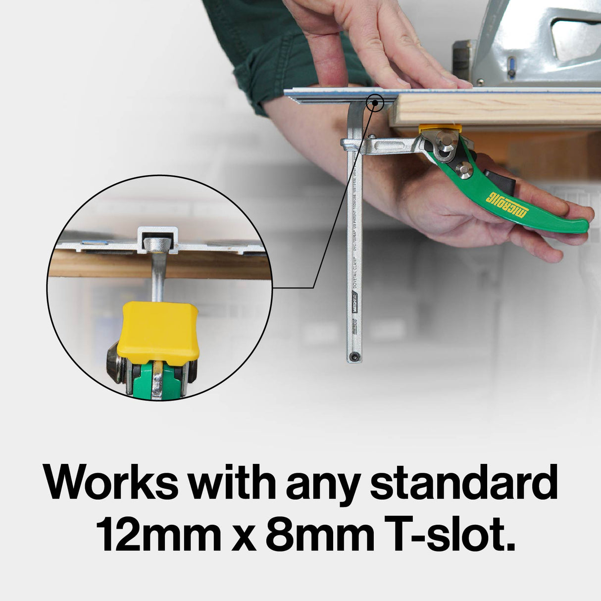 Quick-release woodworking clamp attached to a T-slot track, showing 12mm x 8mm compatibility.