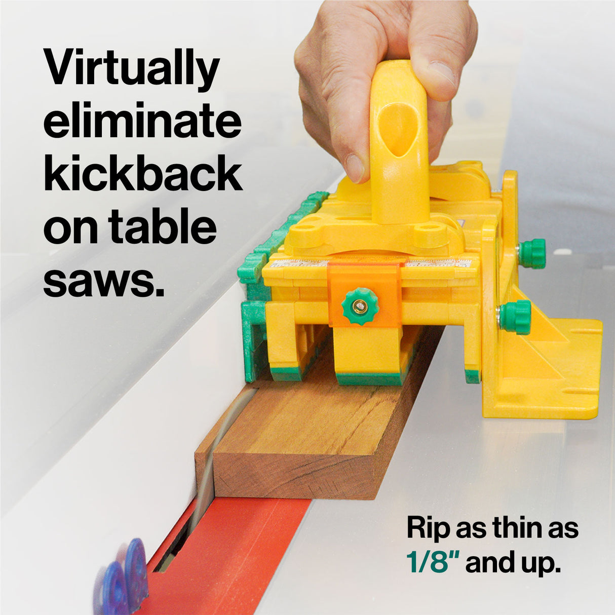 Table saw push block guiding wood for precise, safe cutting to prevent kickback.