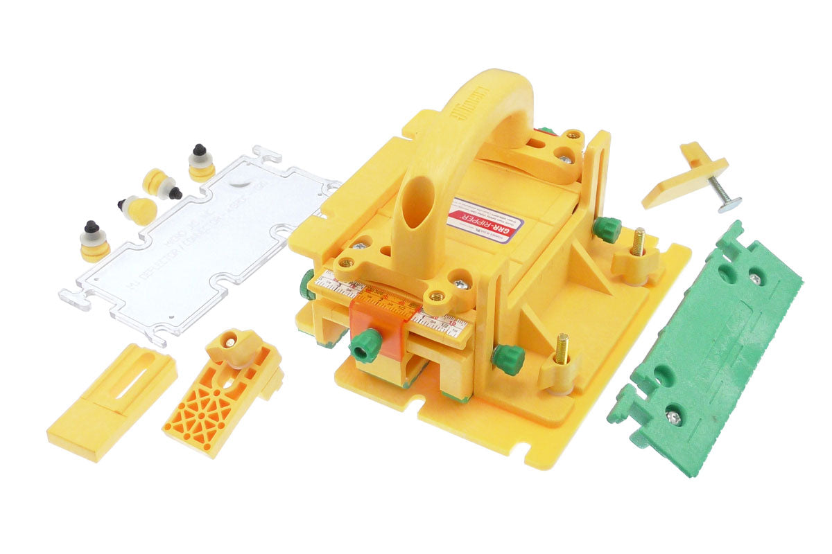 Yellow woodworking push block set with handle and accessories for table saw safety