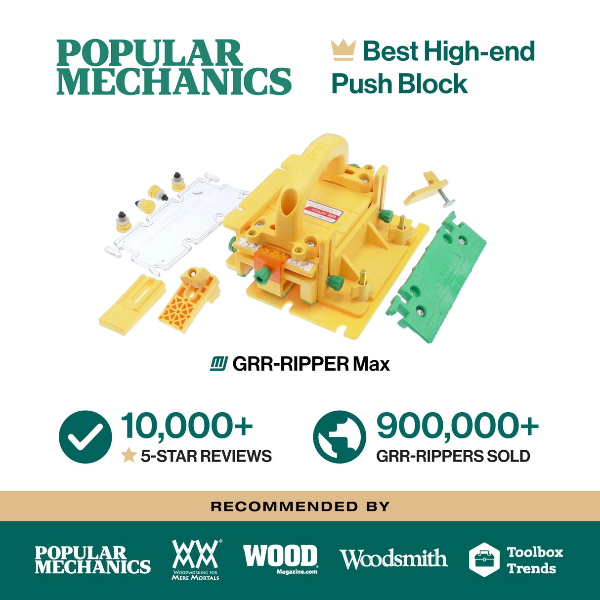 GRR-RIPPER Max push block with accessories, recommended for woodworking safety and precision.