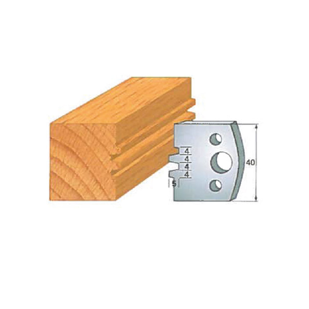 Groove cutting woodworking tool blade with dimensional diagram and routed wood block