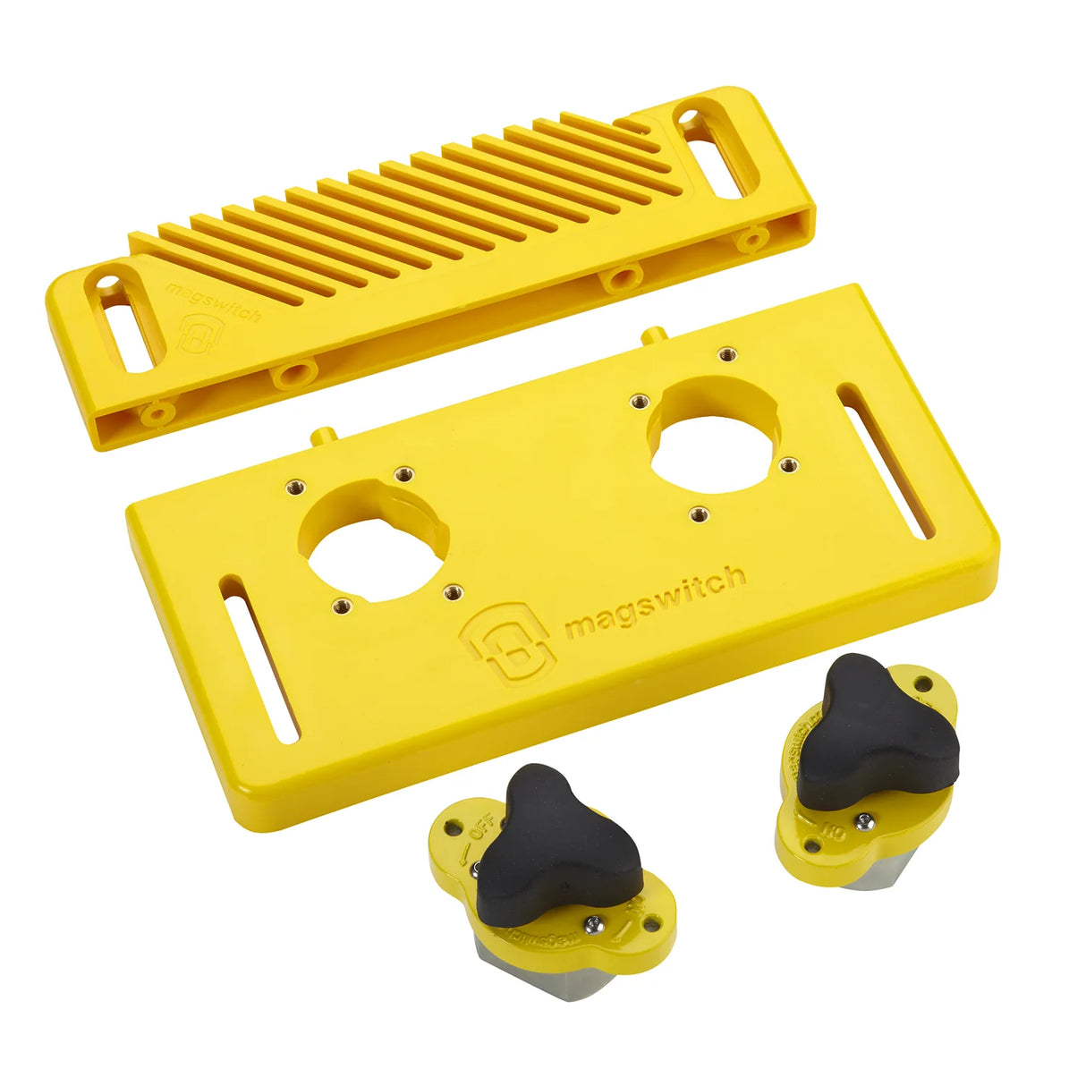 Yellow magnetic woodworking featherboard and base with two switches for table saw safety.