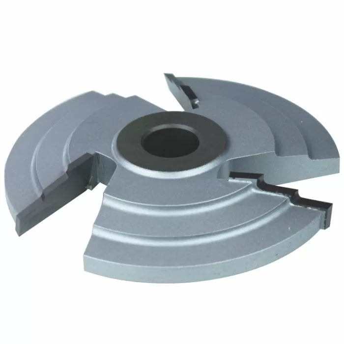 Carbide-tipped woodworking shaper cutter head with three cutting wings for precision joinery.