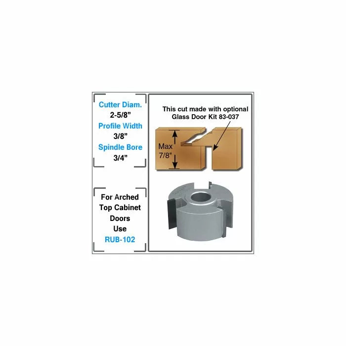 Cabinet door cutter head with profile diagram and specifications for woodworking.