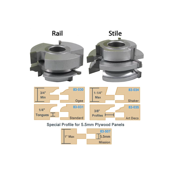Cabinet rail and stile router cutter sets with profile options for tongues, ogee, shaker, art deco, and mission woodworking.