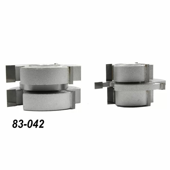 Pair of silver stacked woodworking shaper cutter heads with model number 83-042