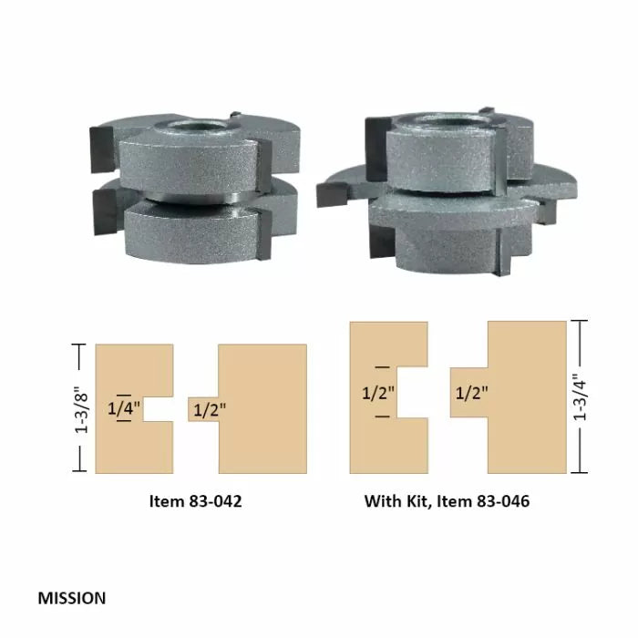Mission stile and rail router bit set with joinery profile diagrams for woodworking.