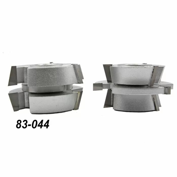 Two silver stacked woodworking cutter heads with carbide blades, model number 83-044